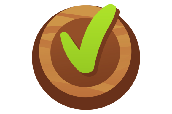 Green Check Button. Cartoon Wooden Game: A Unique Visual Asset for Game Design and Illustration